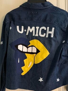 U-MICH Hand-Painted Denim Jacket with Graphic Lips - Navy, Yellow, White